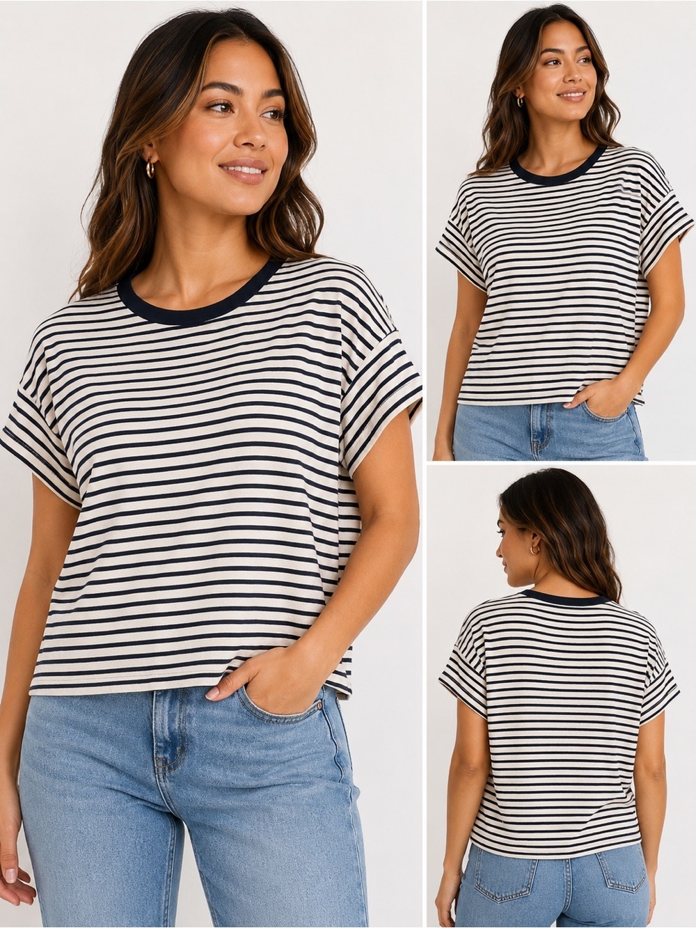 NWT Sundry Black & Tan Striped 100% Cotton Crew Neck Tee Shirt Women’s XL